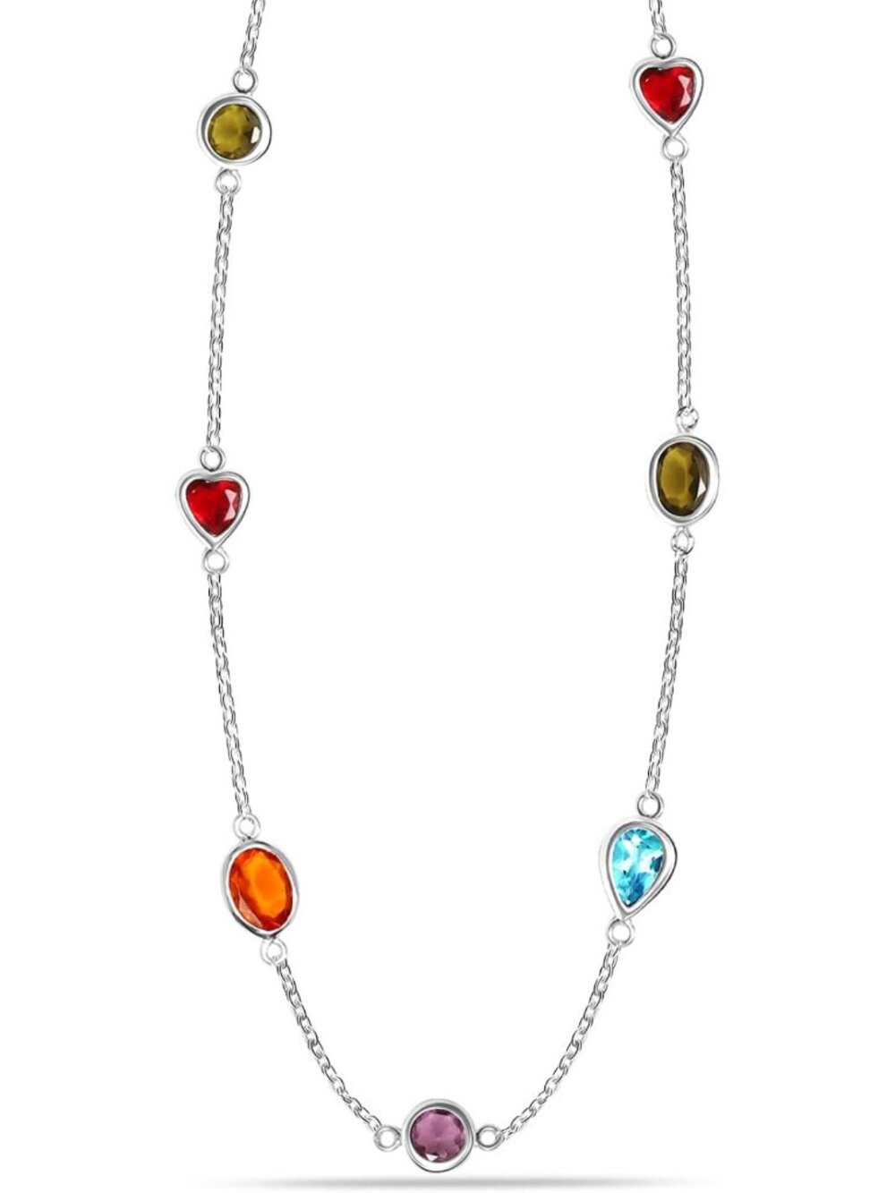 Multi-Color 925 Sterling Silver Necklace | Rainbow Gemstone Charm Pendant